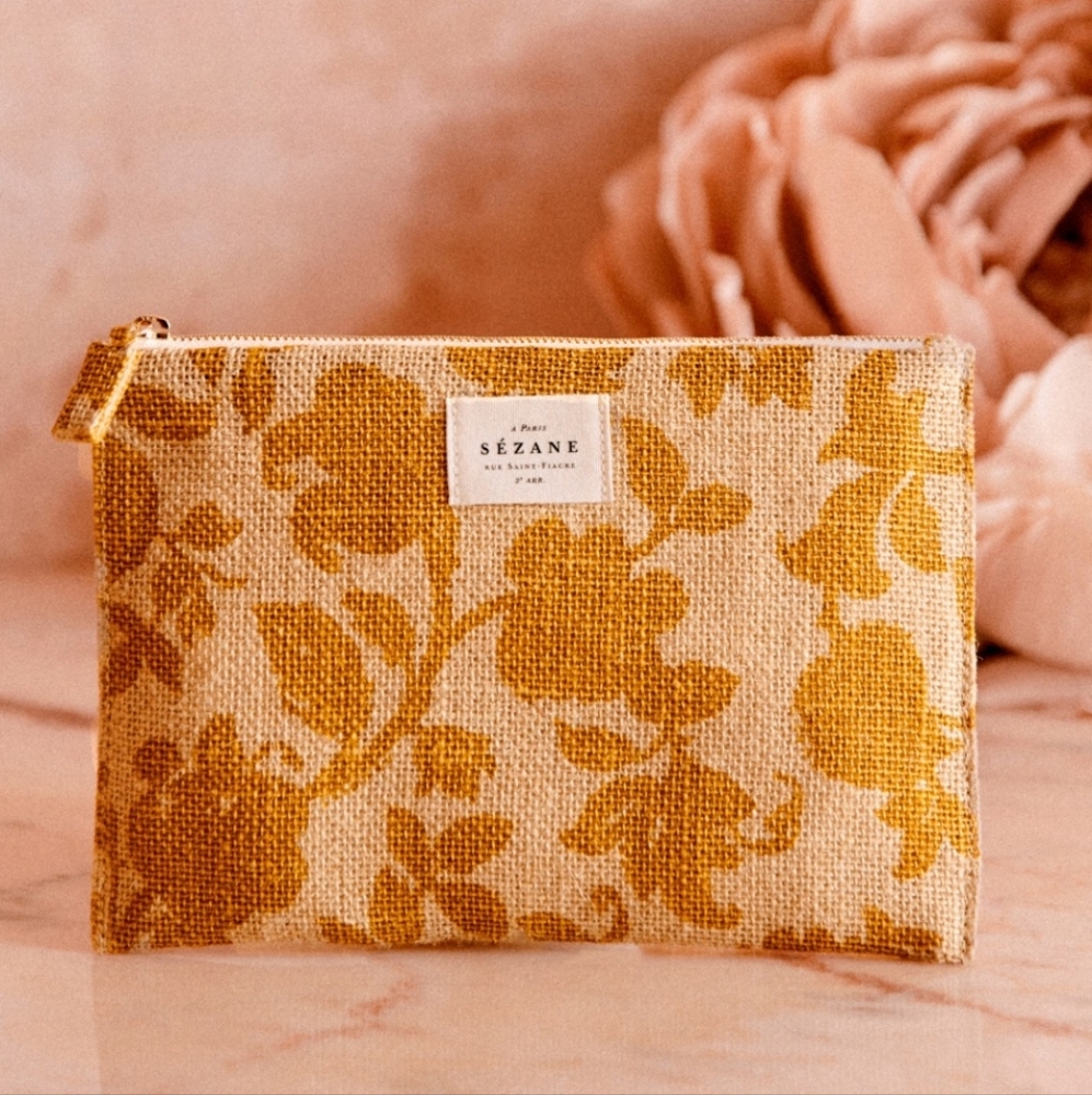 Sezane Large Flat Yellow Floral Cosmetic Bag